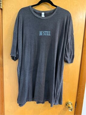 Be Still Short Sleeve Graphic Tee - Charcoal with Light Blue Print